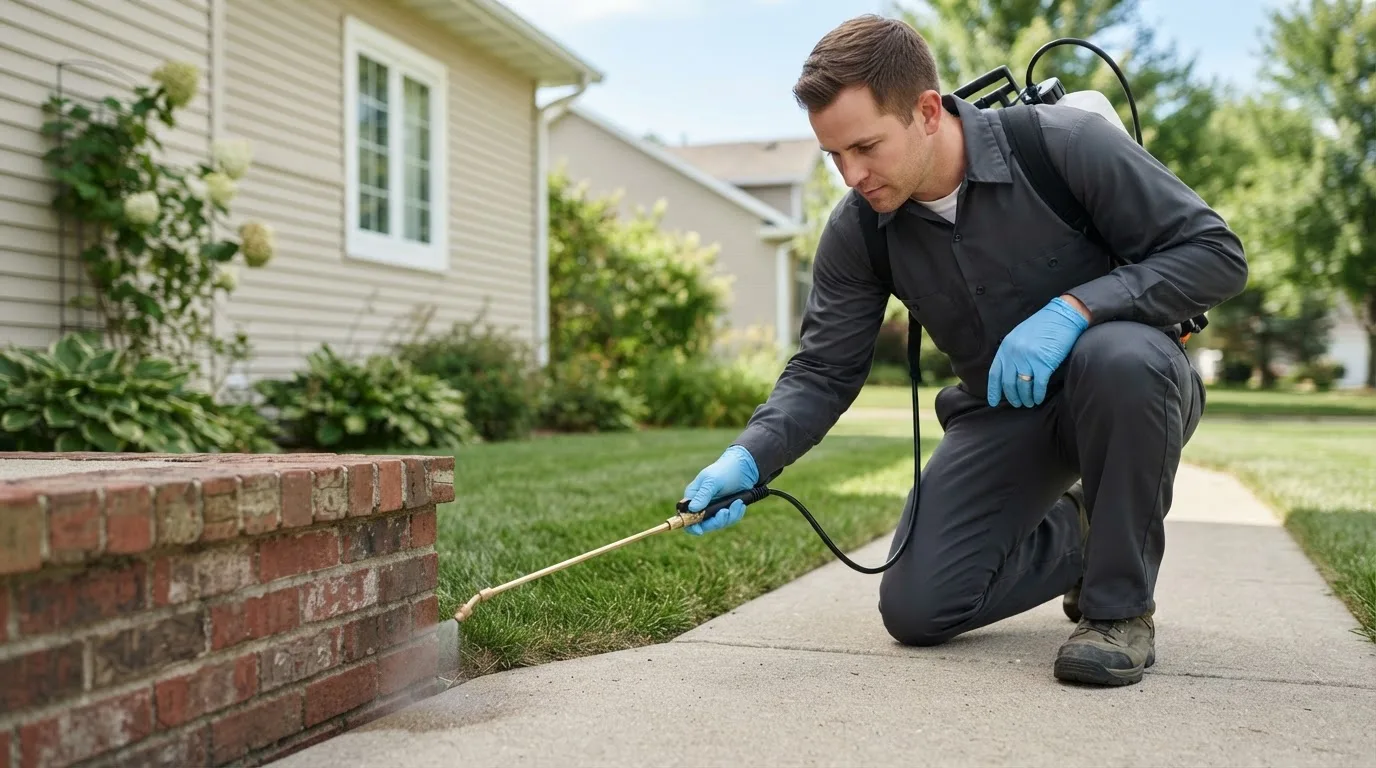 Pest control technician treating a home near Whitestown, IN